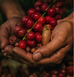 Manos sosteniendo frutos de café · Imagen ilustrativa generada con IA