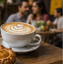 Taza de café sobre una mesa de cafetería · Imagen ilustrativa generada con IA