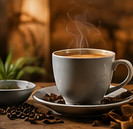 Una taza de café caliente junto a granos · Imagen ilustrativa generada con IA